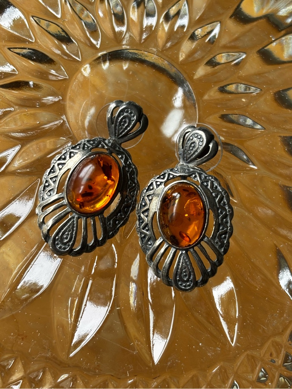 Silver toned Amber inspired Drop Earrings - Honey Amber colour